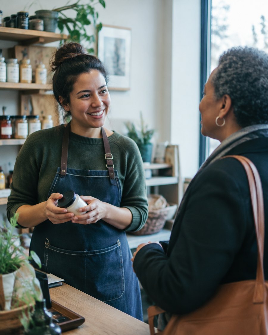 A small-business owner and their customer in warm conversation